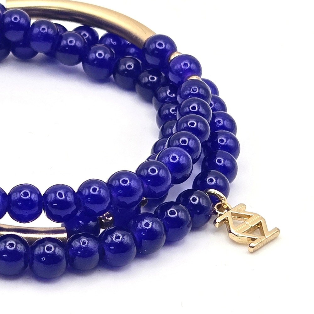 Zenzii Cobalt Blue Glass Beaded Wrap Bracelet Long Gold Tube Bar 6mm Beads